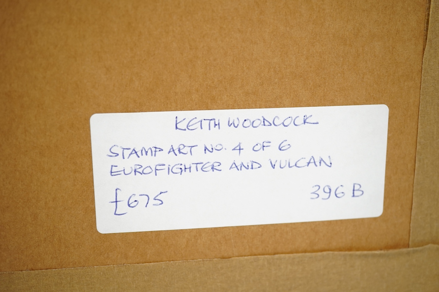 Keith Woodcock, an original gouache painting postage stamp design for an Isle of Man stamp featuring two RAF aircraft from different eras; the Avro Vulcan and the Eurofighter Typhoon, 20cm x 23.5cm, mounted and framed wi